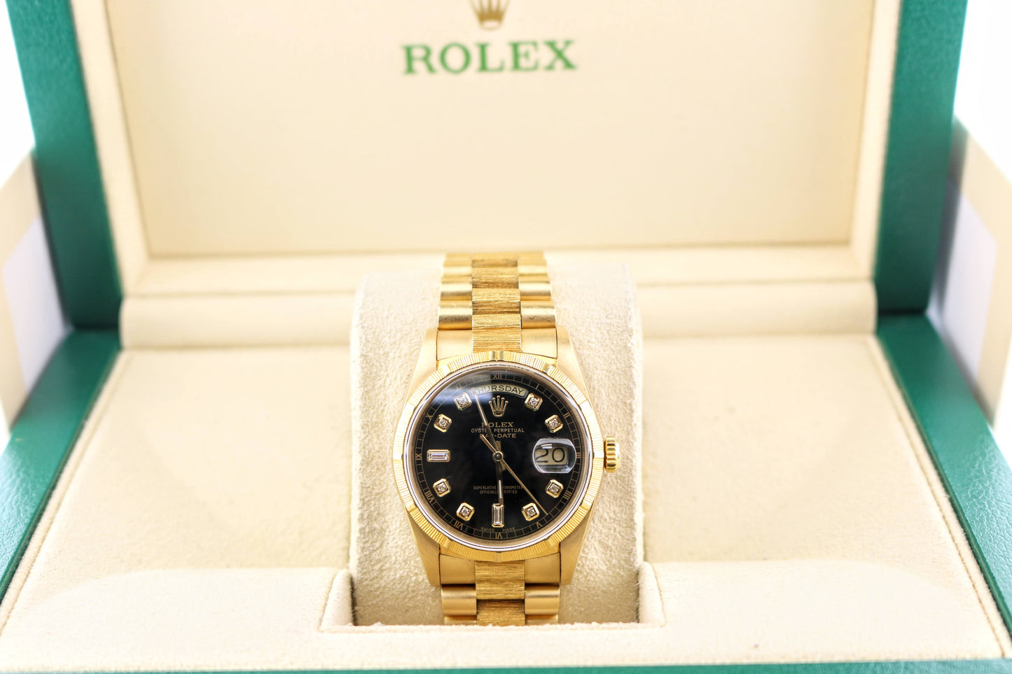 1988 Rolex Day-Date 18248 Black Diamond Dial 18kt Bark President No Papers 36mm