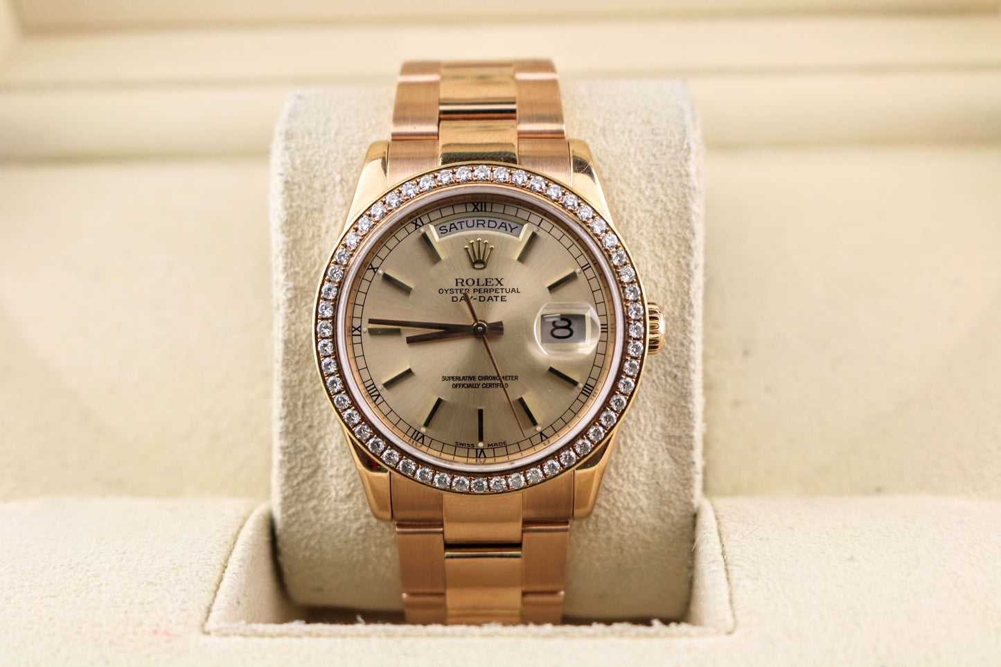 2002 Rolex Day-Date 118205 Everrose Dial 18kt Rose Gold W/Diamond Bezel 36mm