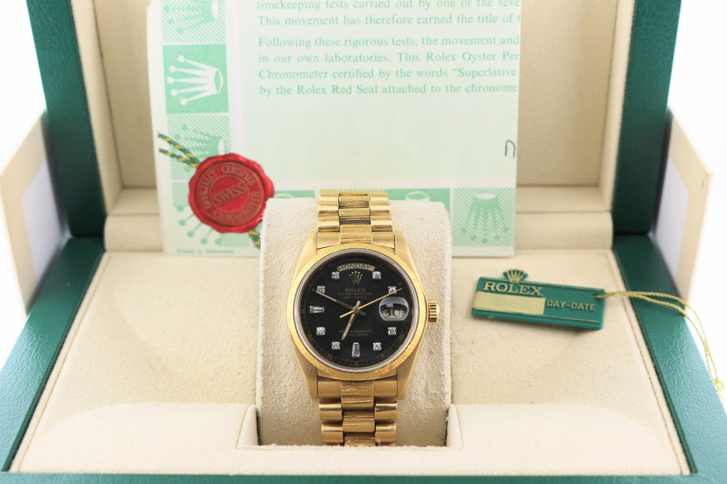 Rolex Day-Date 18078 Black Diamond Dial 18kt President W/Open Papers 36mm