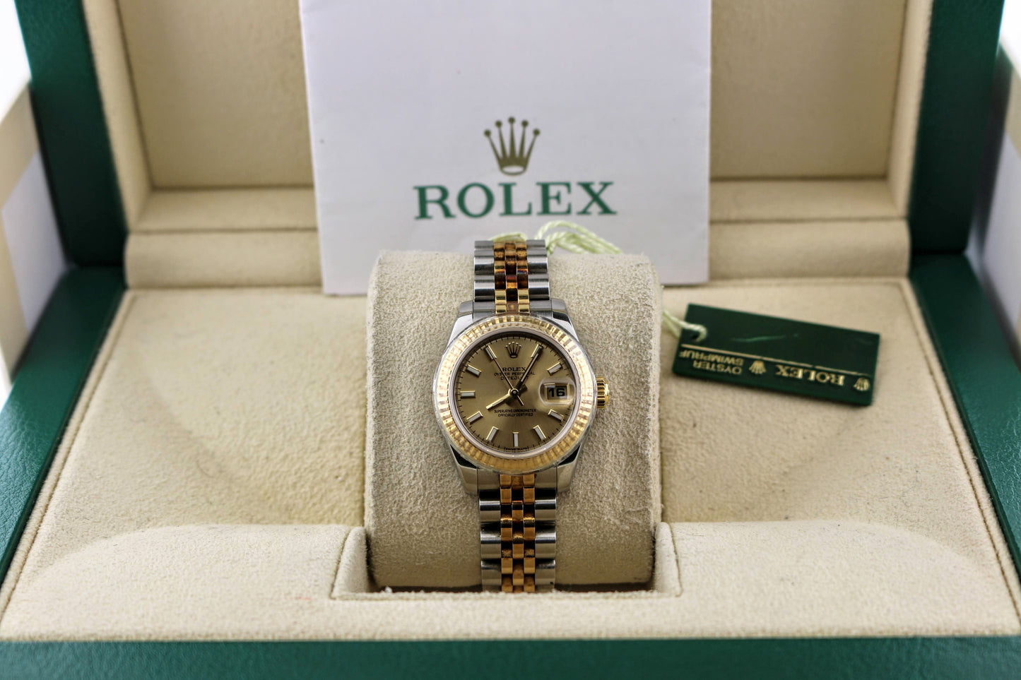 Rolex Ladies Datejust 179173 Champagne Stick Dial TT Jubilee W/Open Papers 26mm