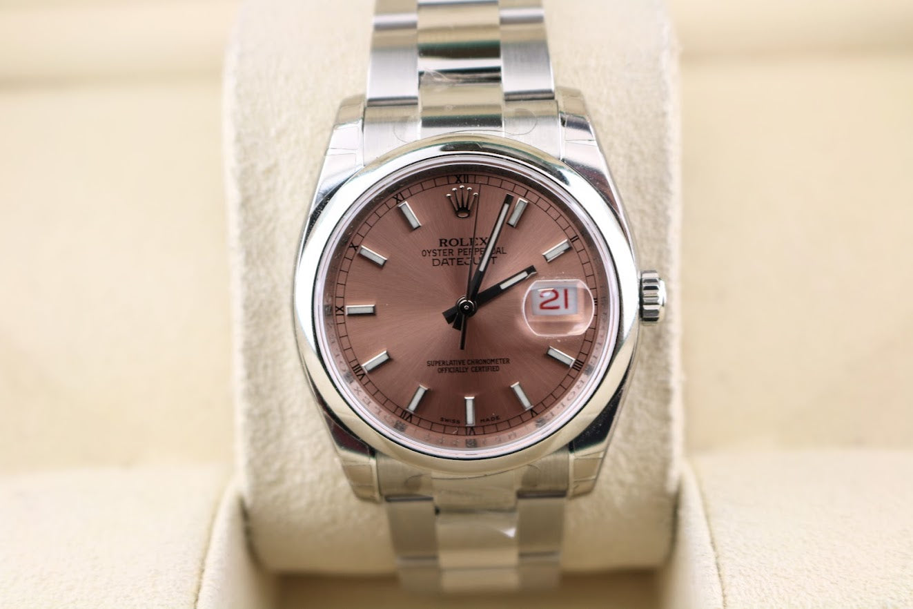 Unworn 2008 Rolex Datejust 116200 Pink Stick Dial SS Oyster W/Papers 36mm