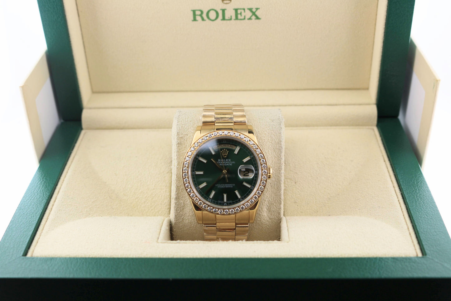 2018 Rolex Day-Date 118208 Green Dial + Diamond Bezel President No Papers 36mm