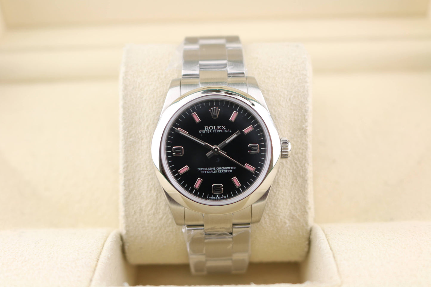 2014 Rolex Oyster Perpetual 177200 Midsize Black Pink Stick Dial SS Oyster 31mm