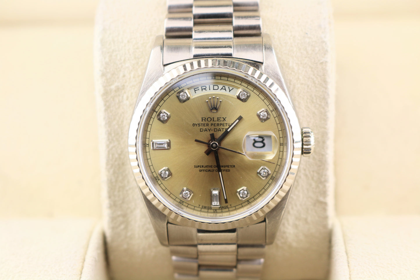1996 Rolex Daydate 18239 Champ/Silver Diamond Dial 18kt WG President 36mm