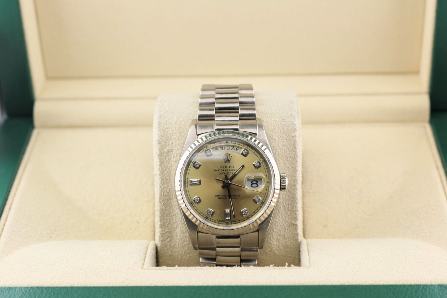 1996 Rolex Daydate 18239 Champ/Silver Diamond Dial 18kt WG President 36mm