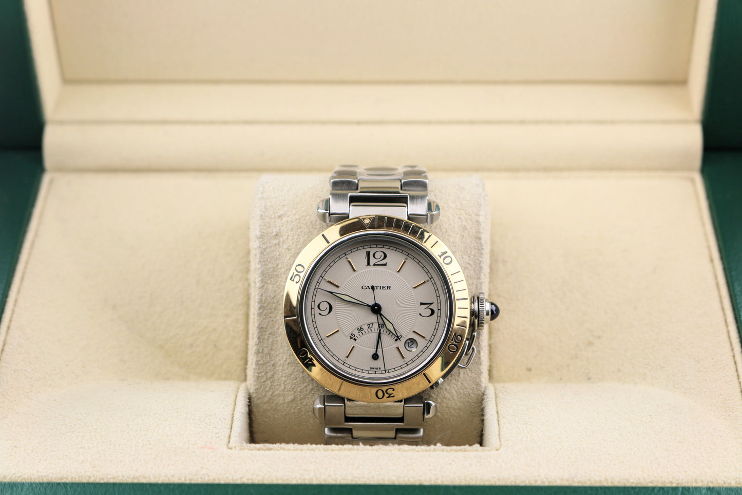Cartier Pasha Power Reserve 1033 White Dial YG 18kt Bezel SS Watch Only 38mm