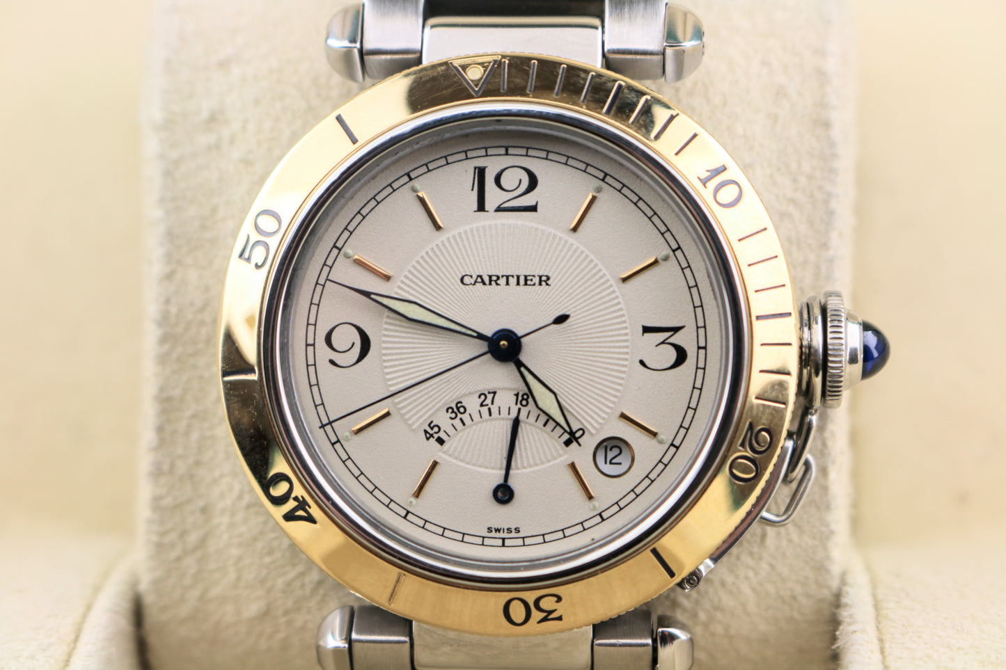 Cartier Pasha Power Reserve 1033 White Dial YG 18kt Bezel SS Watch Only 38mm