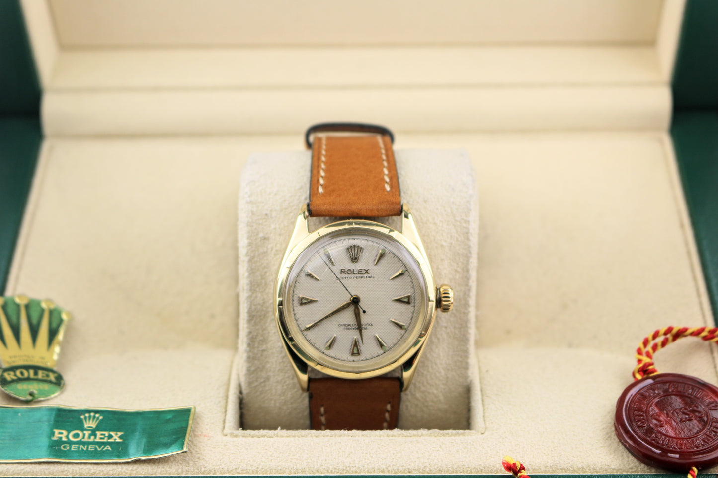 1963 Rolex Oyster Perpetual 14k 6285 Honeycomb Dial Leather Strap with Tags 34mm