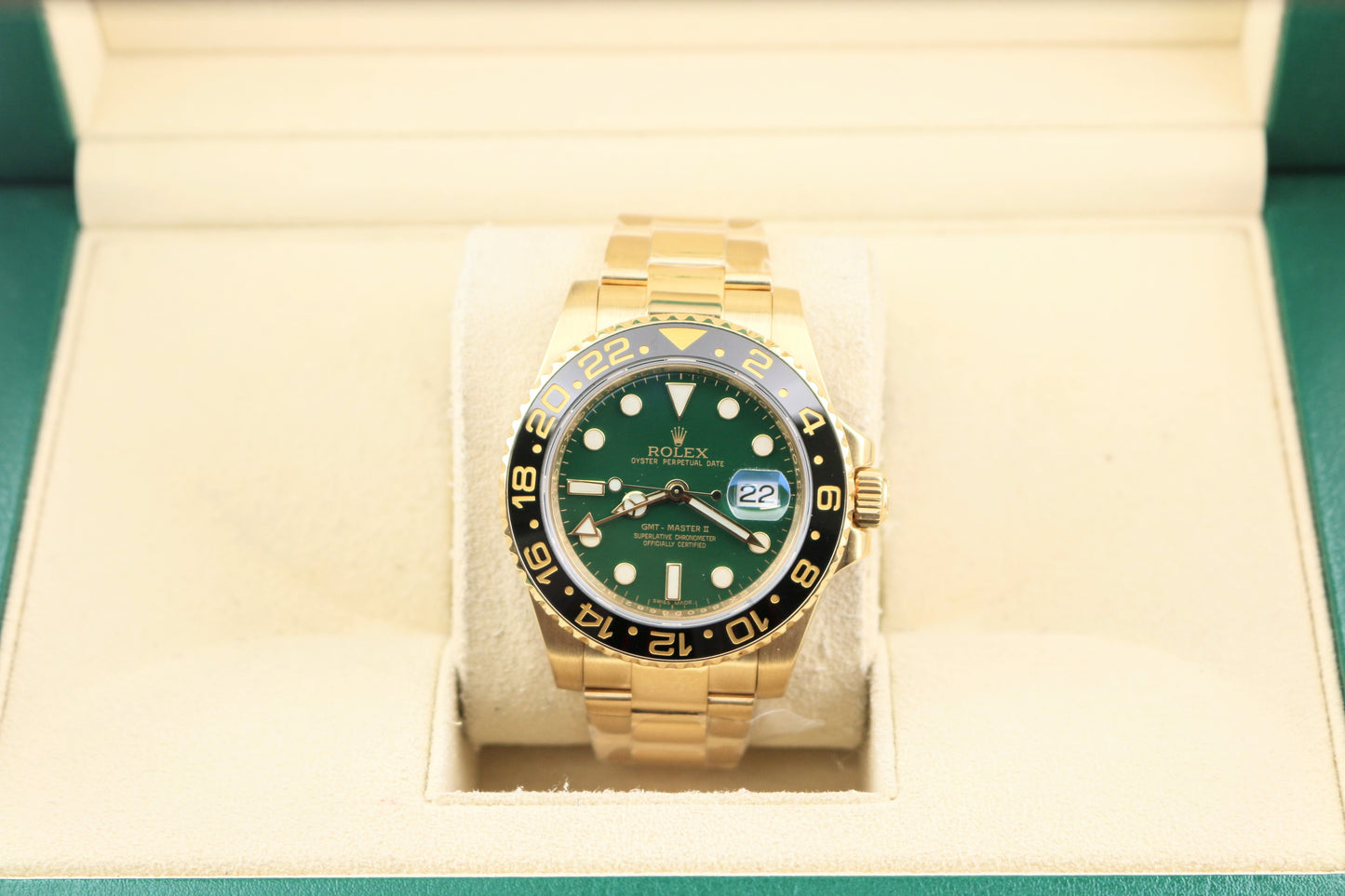 OH 2018 Rolex GMT Master II 116718 Green Money Dial YG 18kt Oyster No Papers 40mm