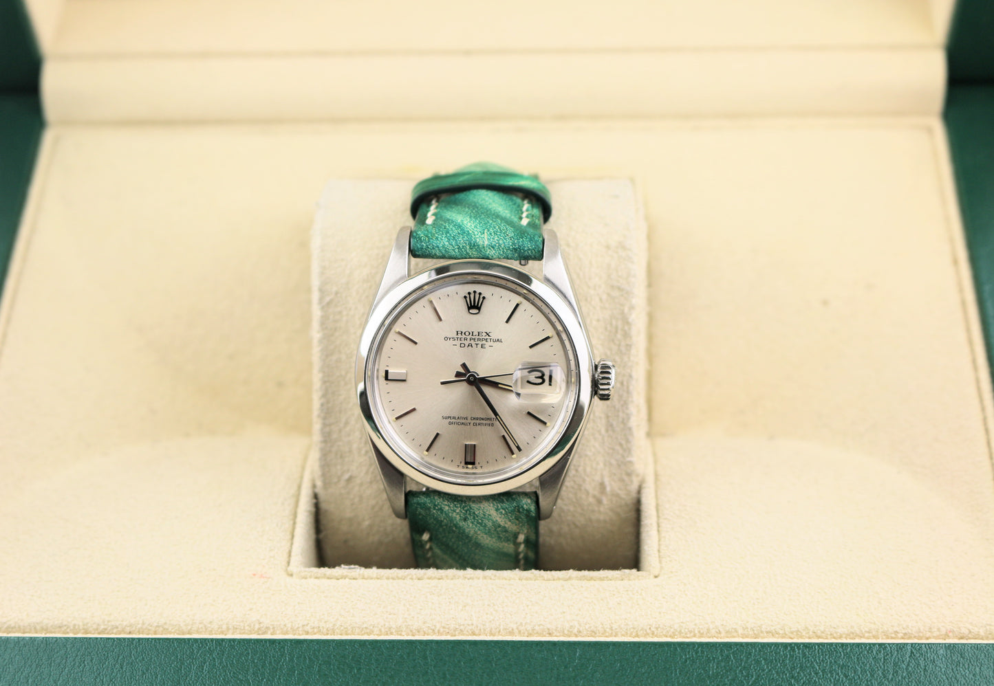 1963 Rolex Date 1500 Silver Dial Green Pattern Leather Strap No Papers 34mm