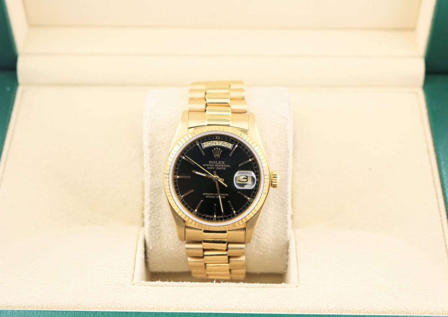 1979 Rolex Day-Date 18038 Black Dial German Day wheel 18kt President 36mm