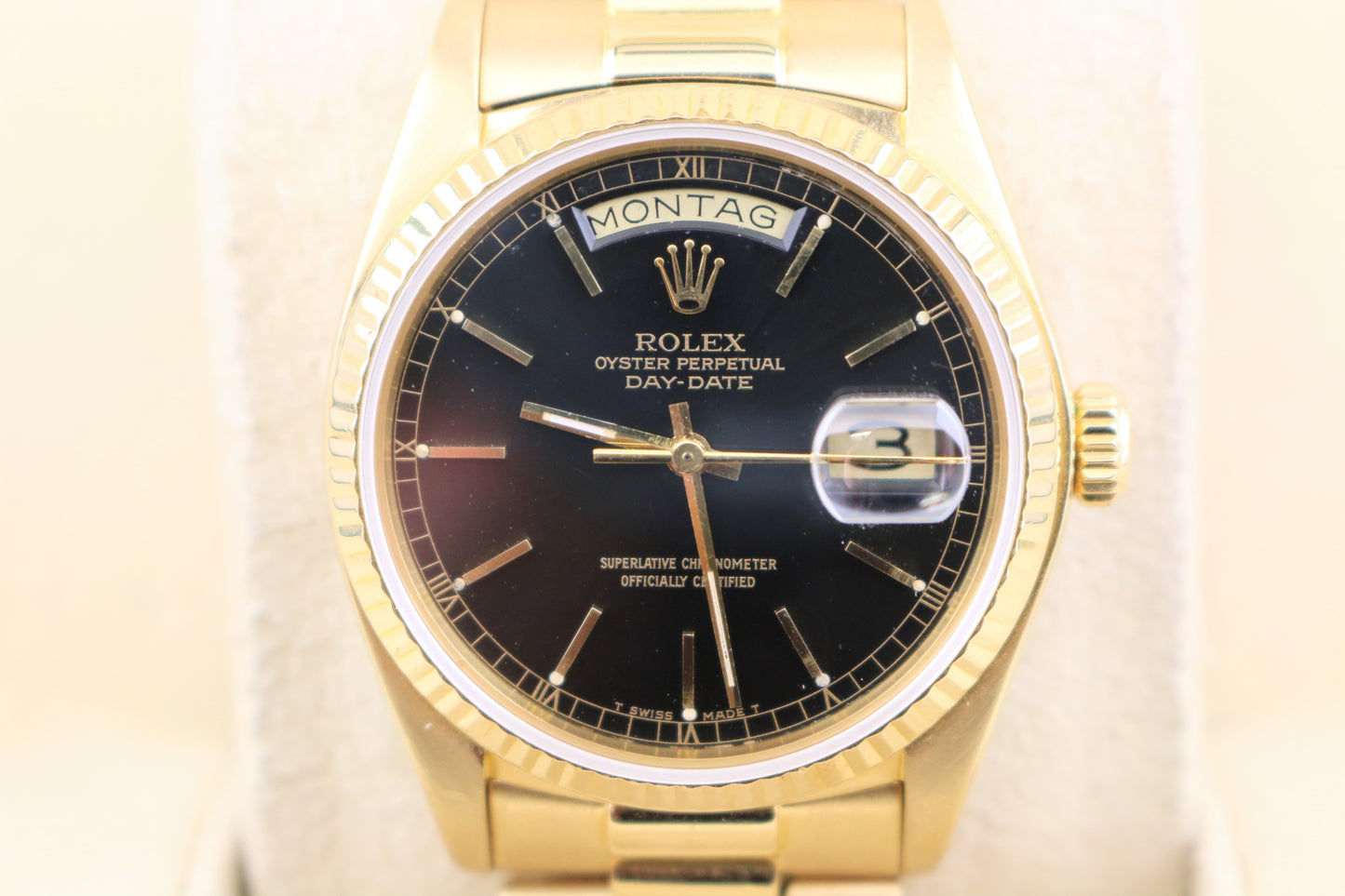 1979 Rolex Day-Date 18038 Black Dial German Day wheel 18kt President 36mm