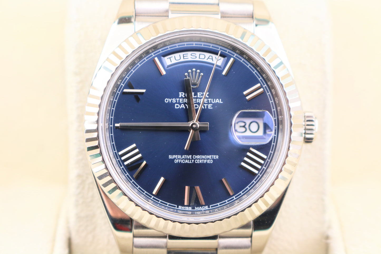 2018 Rolex Day-Date President 228239 Blue Roman Dial White Gold 18kt Papers 40mm