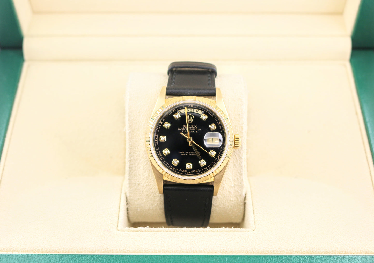 1987 Rolex Day-Date 18038 Black Diamond Black Leather Bracelet No Papers 36mm