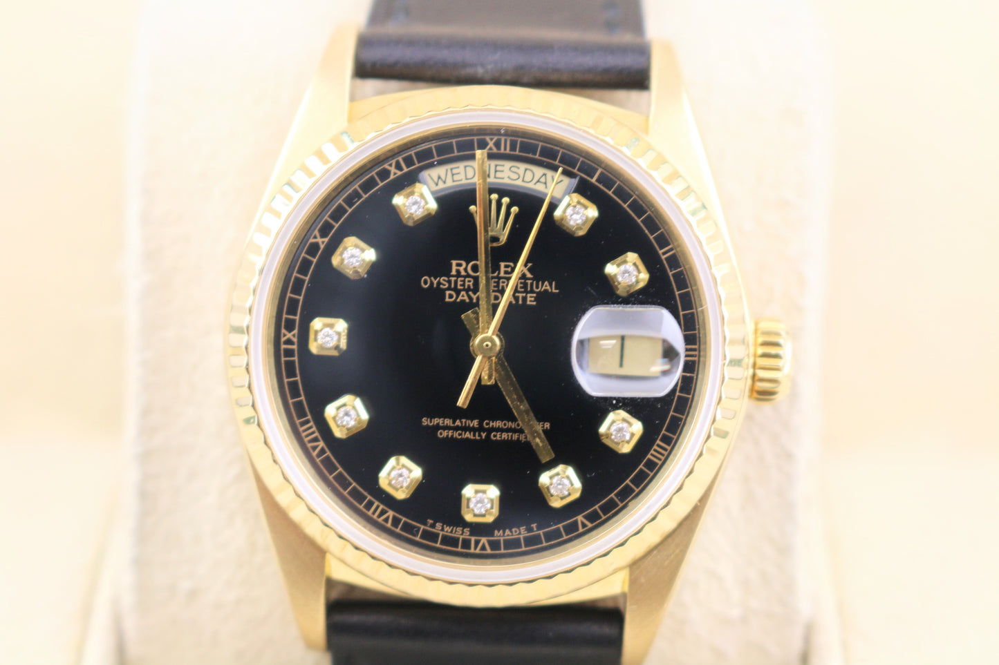 1987 Rolex Day-Date 18038 Black Diamond Black Leather Bracelet No Papers 36mm
