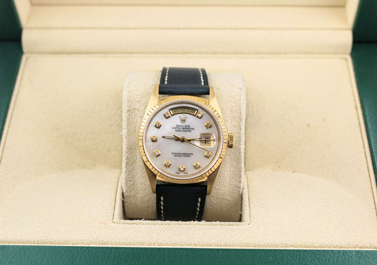 1985 Rolex Day-Date 18038 MOP Diamond Dial Blue Leather Bracelet No Papers 36mm