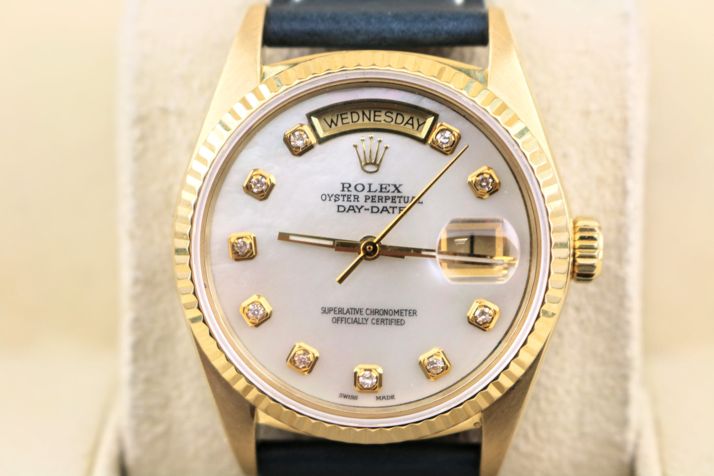 1985 Rolex Day-Date 18038 MOP Diamond Dial Blue Leather Bracelet No Papers 36mm