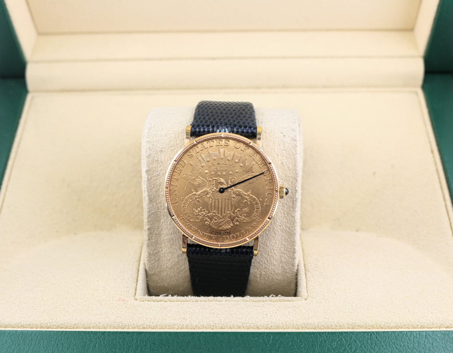 Corum Mens Double Eagle $20 Coin Quartz Yellow Gold Blue Leather Strap 35mm