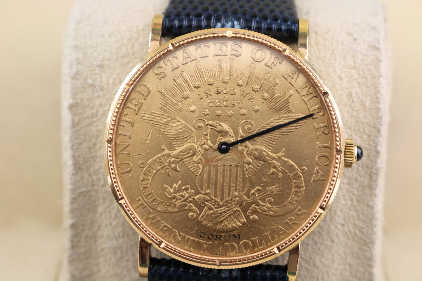 Corum Mens Double Eagle $20 Coin Quartz Yellow Gold Blue Leather Strap 35mm