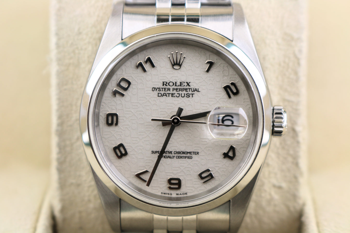 2005 Rolex Datejust 16200 Porcelain Ivory Arabic Dial SS Jubilee With Paper 36mm