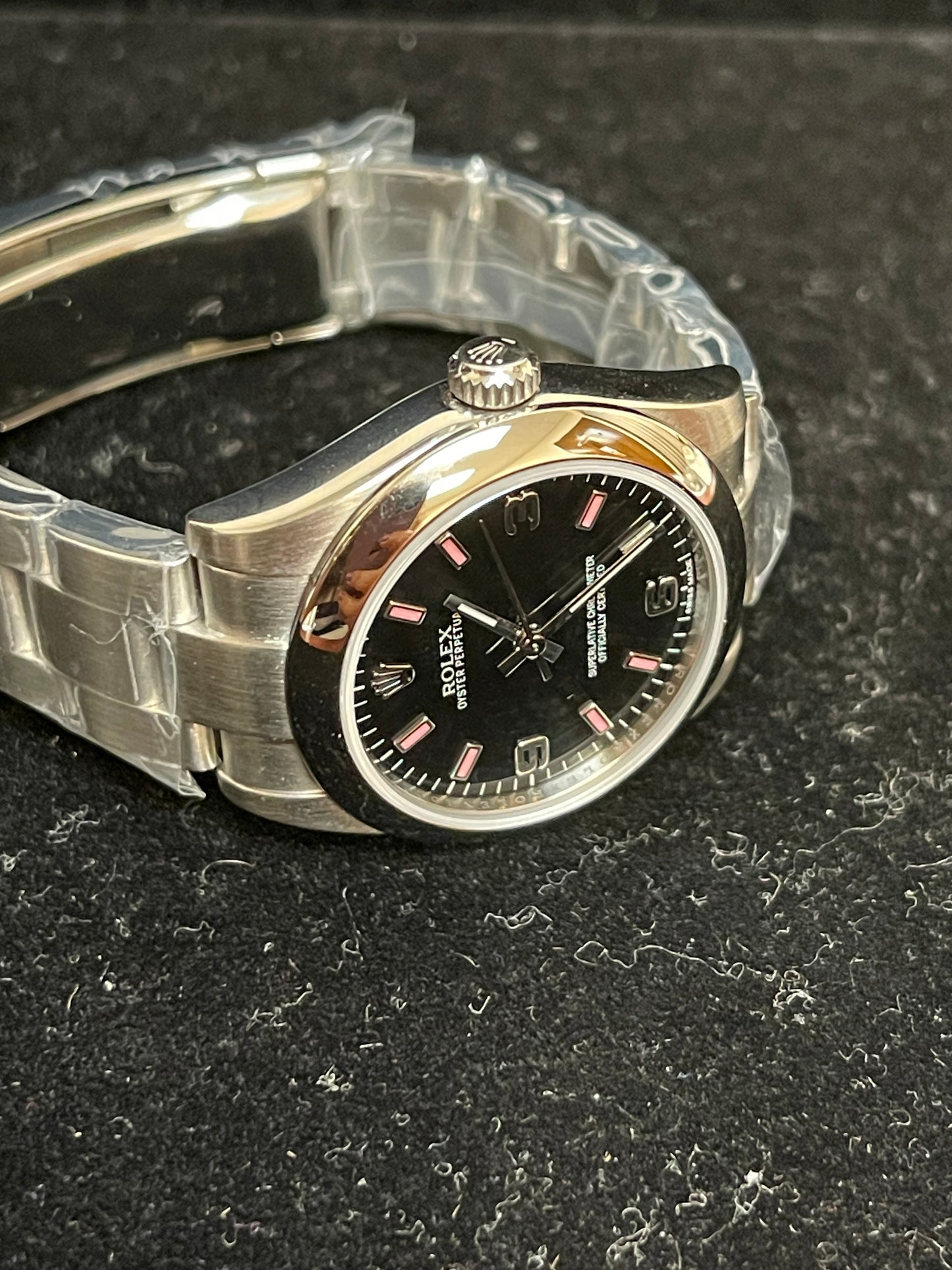 2014 Rolex Oyster Perpetual 177200 Midsize Black Pink Stick Dial SS Oyster 31mm