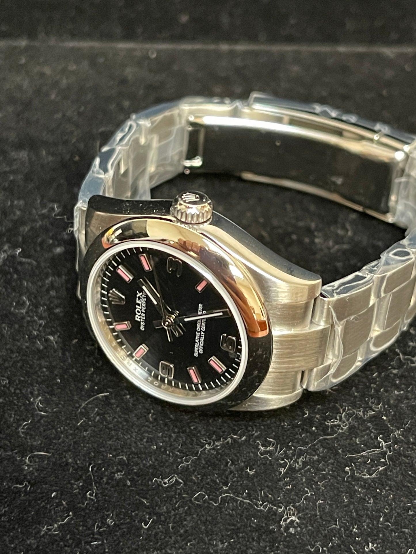 2014 Rolex Oyster Perpetual 177200 Midsize Black Pink Stick Dial SS Oyster 31mm