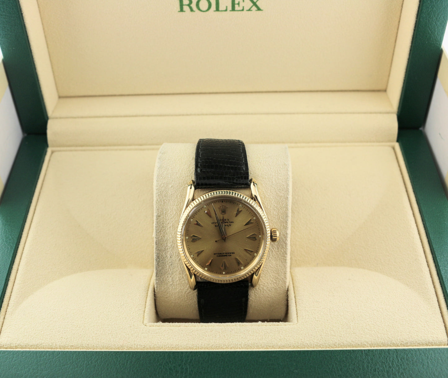 1956 Rolex Oyster Perpetual 6593 Champagne Dial Solid 14kt Leather Strap 34mm