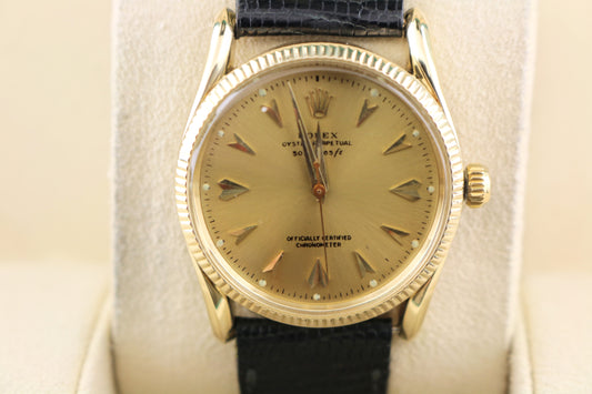 1956 Rolex Oyster Perpetual 6593 Champagne Dial Solid 14kt Leather Strap 34mm