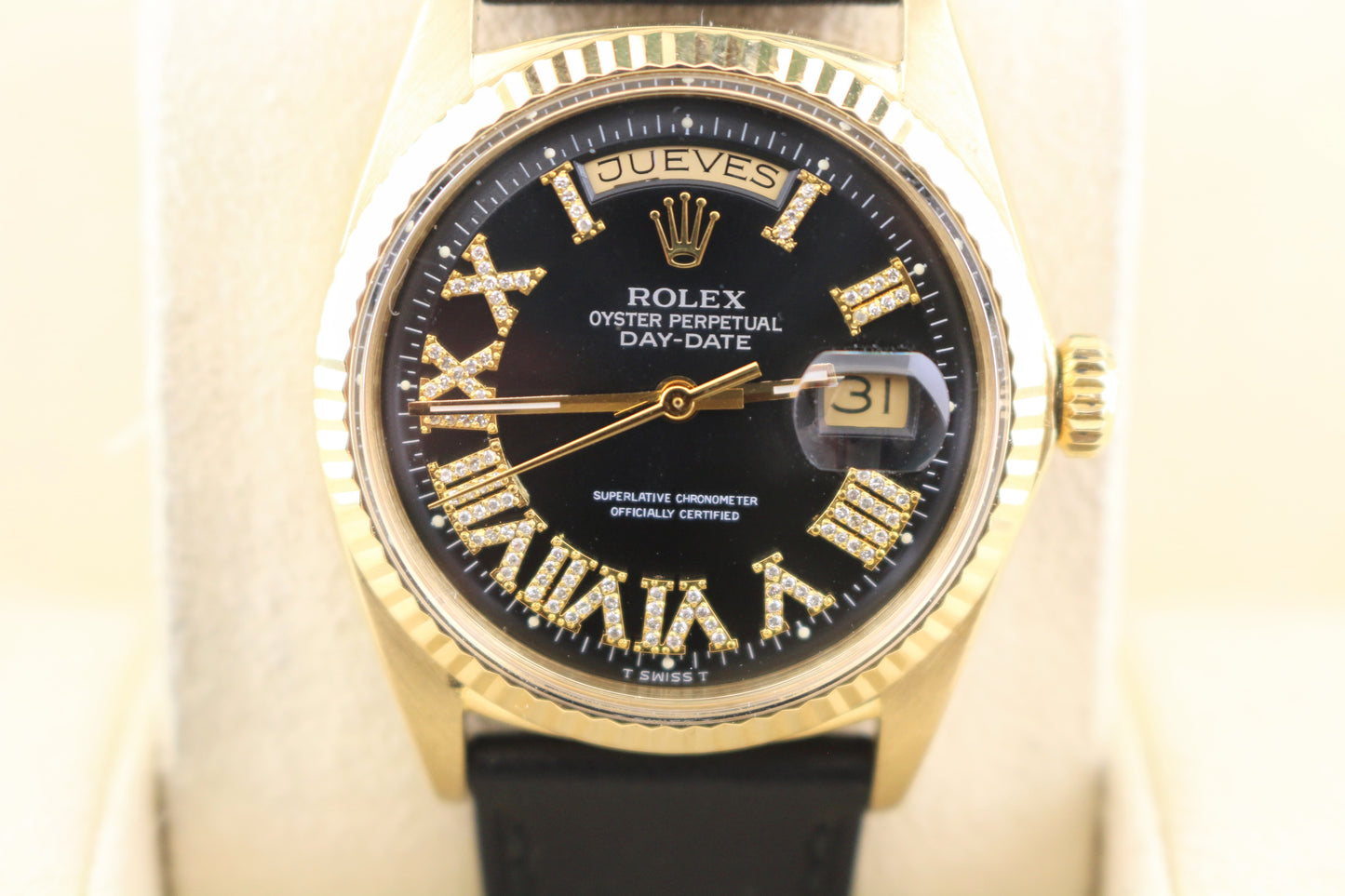 Rolex Day-Date 1803 Black Roman Diamond Dial 18kt Black Leather Strap 36mm