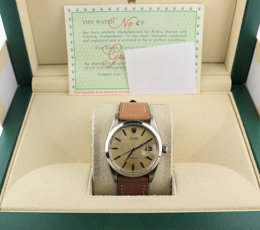 1960 Rolex Oyster Date 6694 Silver Dial Brown Leather Strap W Service Paper 34mm