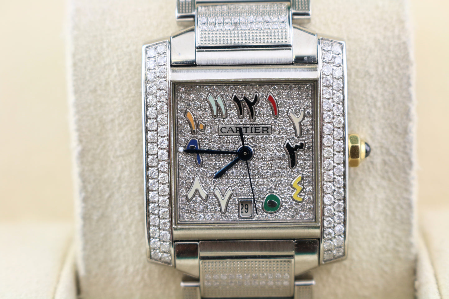 Cartier Tank 2302 Pave Arabic Rainbow Diamond Dial SS Diamond bracelet 28x32mm