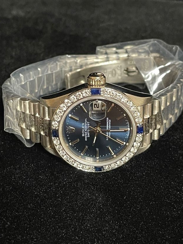 Rolex Ladies Datejust 69279 Blue Dial Diamond Bezel WG President No Papers 26mm