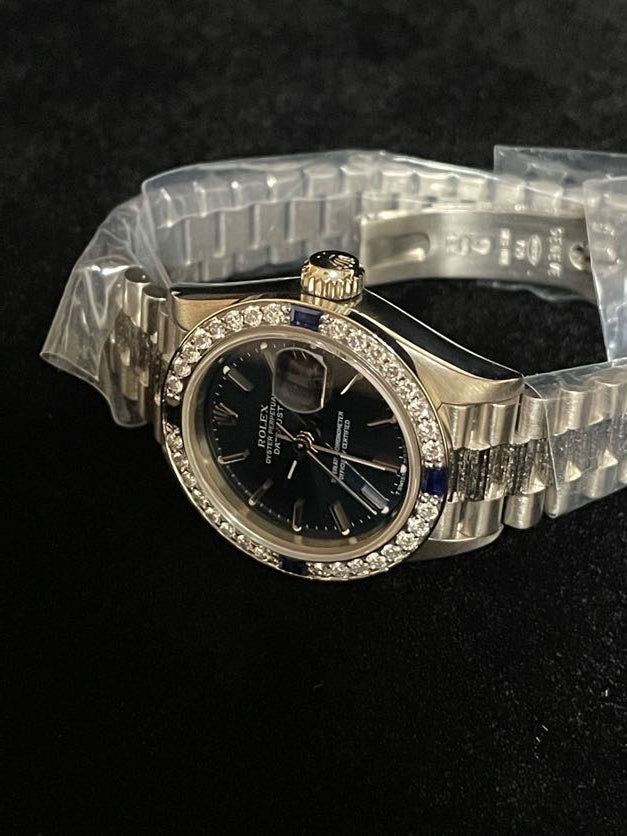 Rolex Ladies Datejust 69279 Blue Dial Diamond Bezel WG President No Papers 26mm