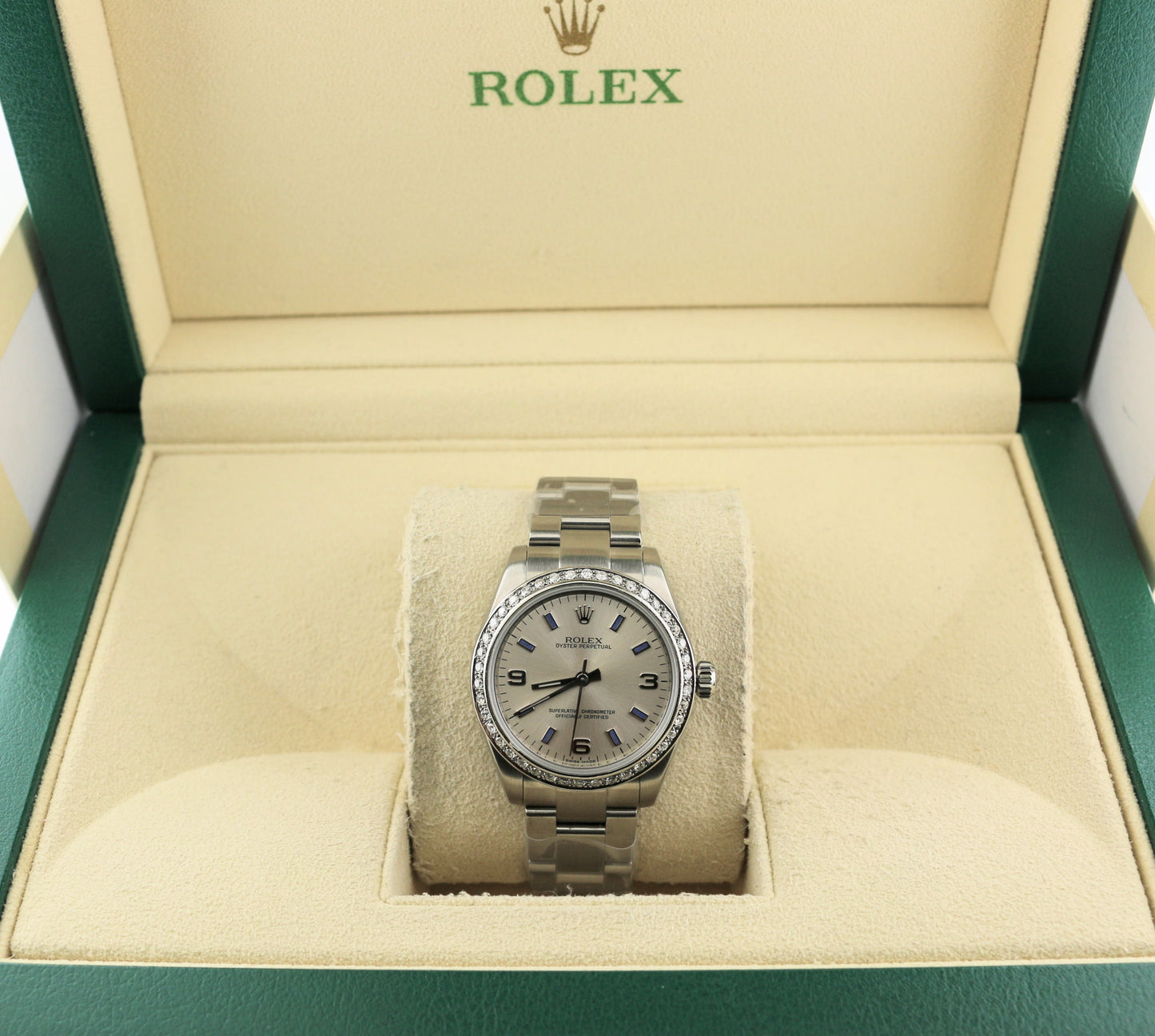 2007 Rolex Oyster Perpetual 177210 Silver Blue Dial Diamond Bezel SS Oyster 31mm