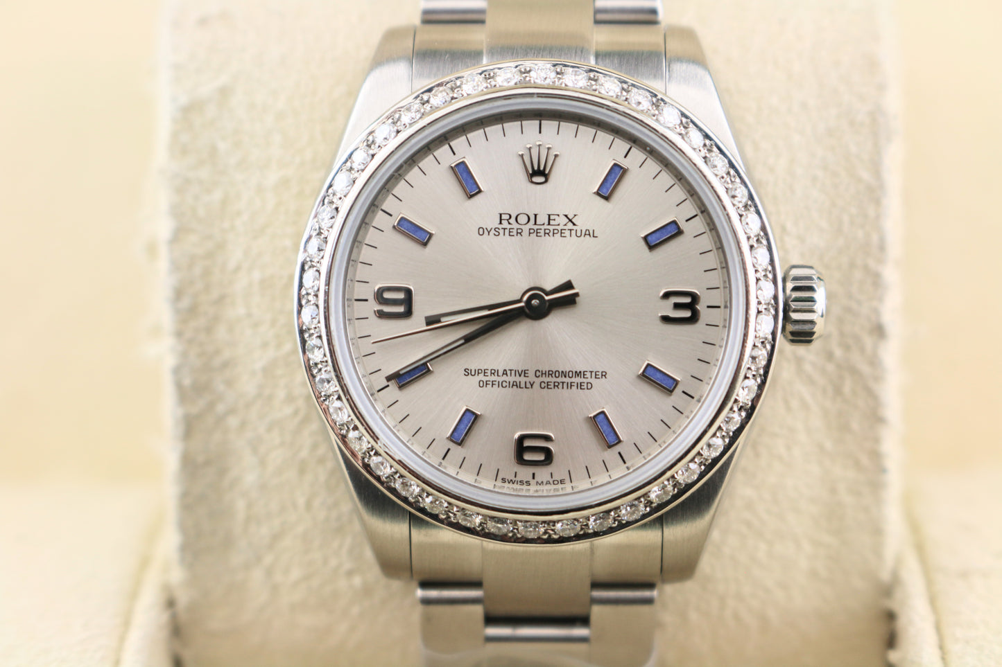 2007 Rolex Oyster Perpetual 177210 Silver Blue Dial Diamond Bezel SS Oyster 31mm