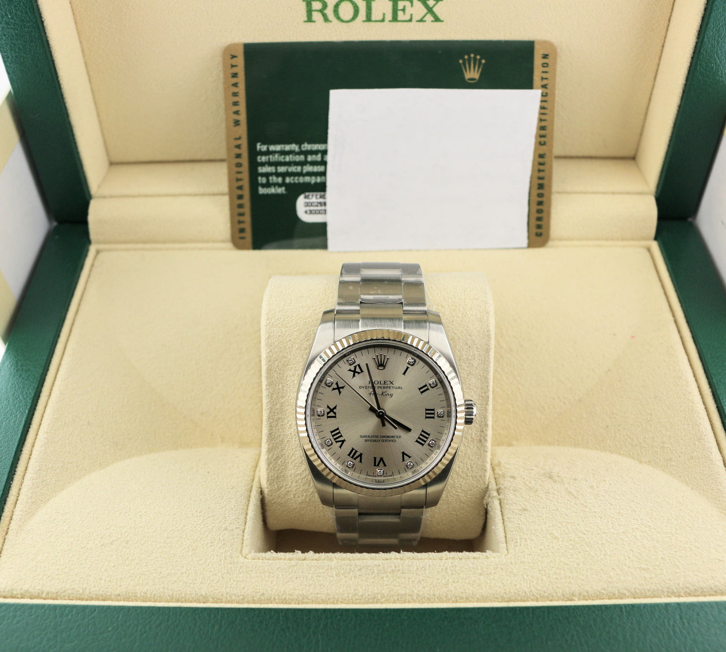 2010 Rolex Air-King 114234 Silver Roman Diamond Dial SS Oyster With Papers 34mm