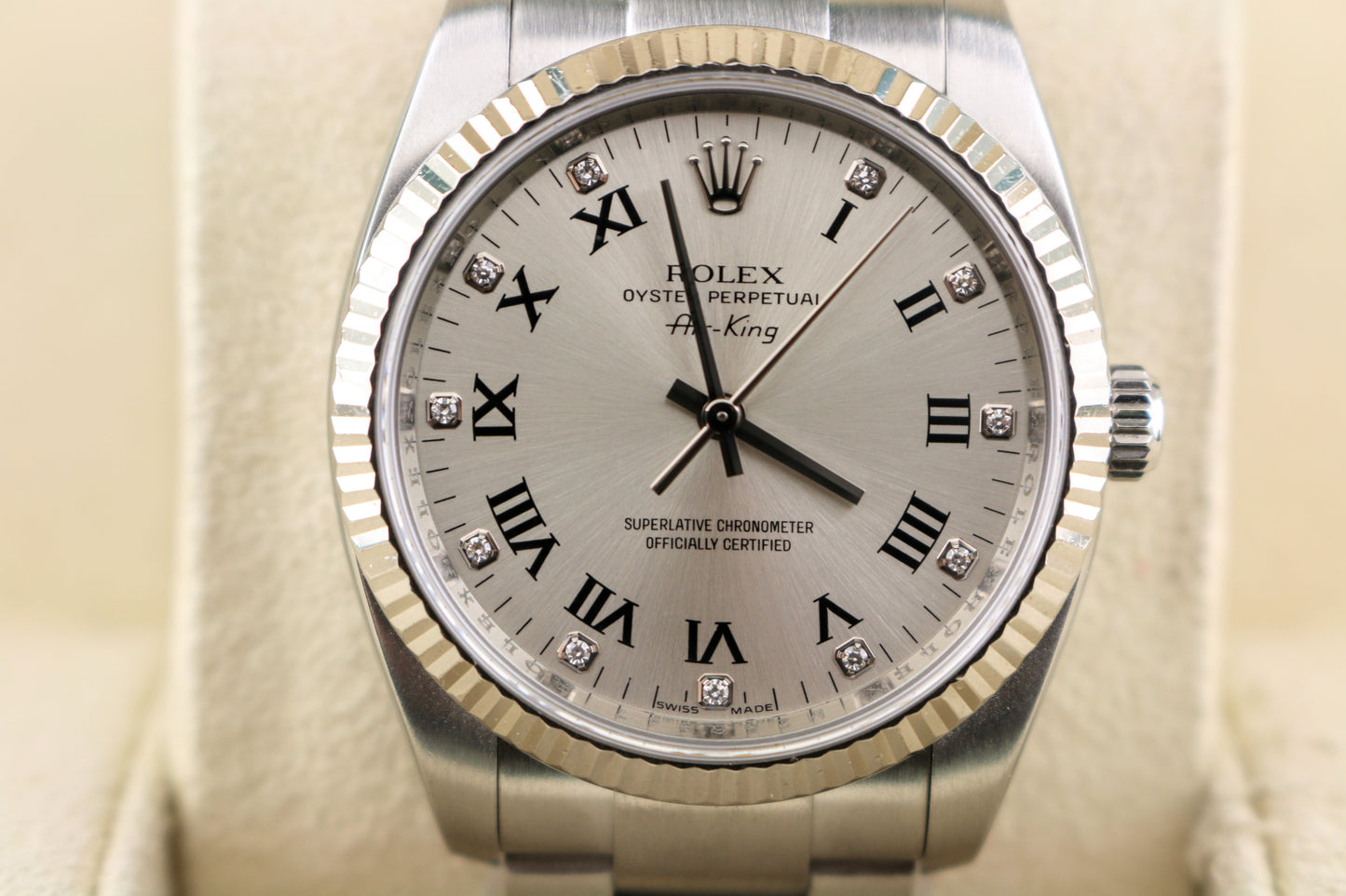 2010 Rolex Air-King 114234 Silver Roman Diamond Dial SS Oyster With Papers 34mm