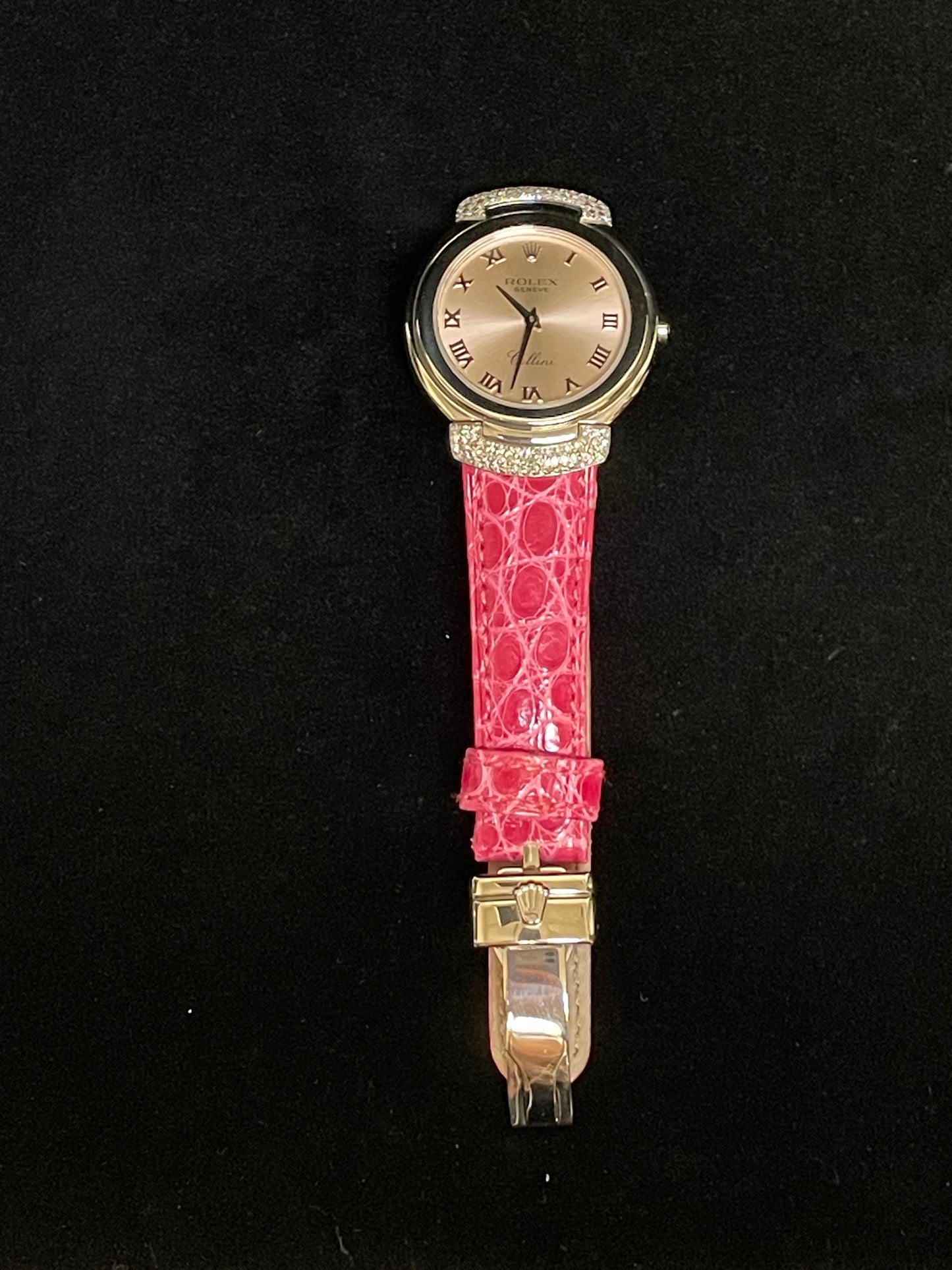 Rolex Lady Cellini 6682 Pink Roman Dial Leather strap Diamond lugs 18kt WG 33mm