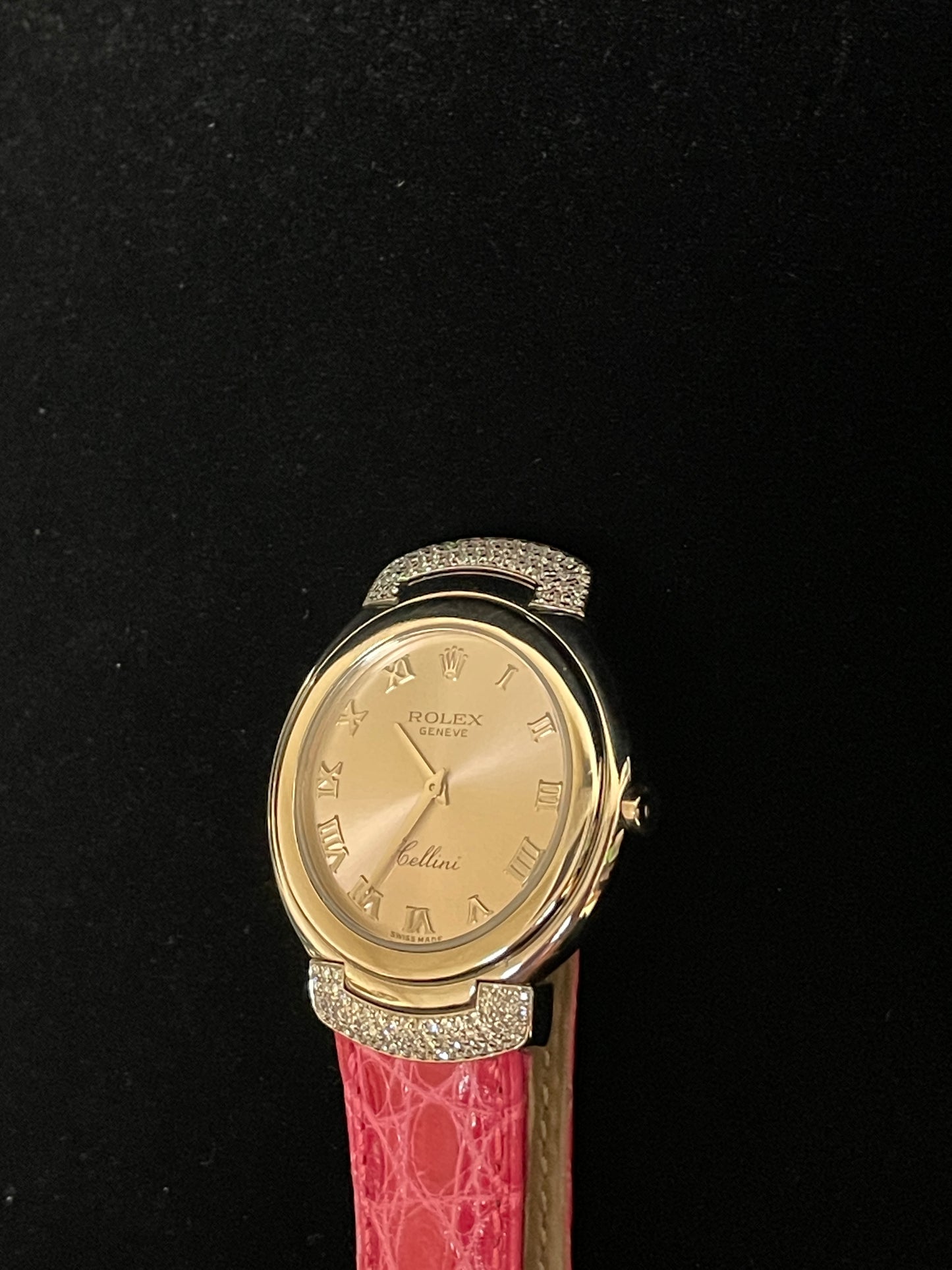 Rolex Lady Cellini 6682 Pink Roman Dial Leather strap Diamond lugs 18kt WG 33mm