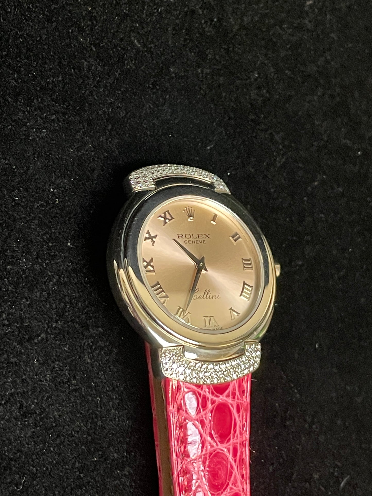 Rolex Lady Cellini 6682 Pink Roman Dial Leather strap Diamond lugs 18kt WG 33mm