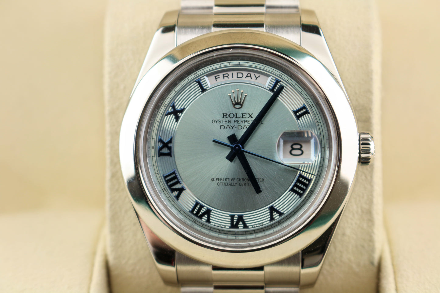 2010 Rolex Day-Date 218206 Ice Blue Roman Dial Platinum President No Papers 41mm