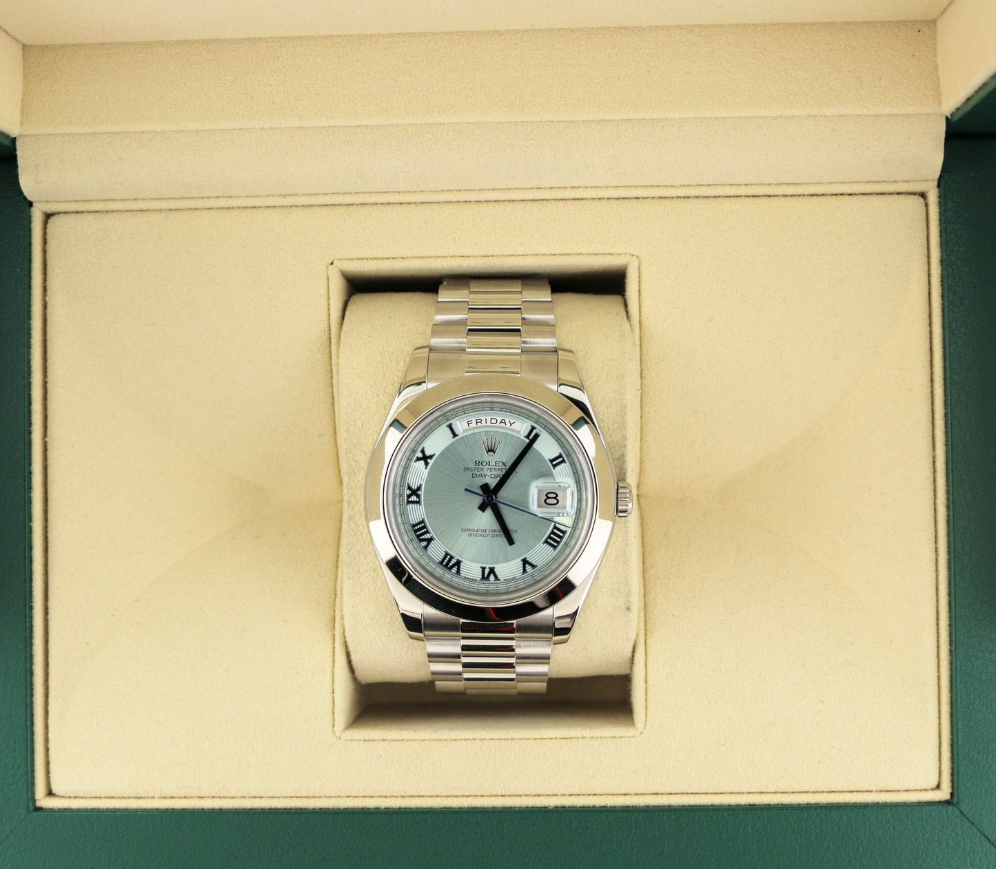 2010 Rolex Day-Date 218206 Ice Blue Roman Dial Platinum President No Papers 41mm