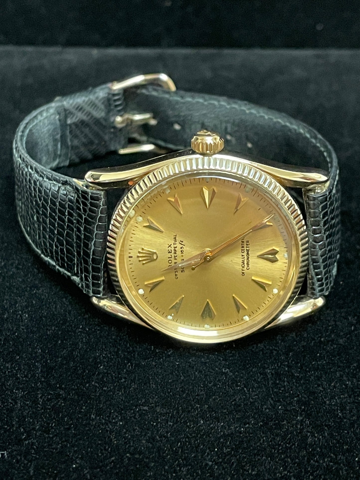 1956 Rolex Oyster Perpetual 6593 Champagne Dial Solid 14kt Leather Strap 34mm