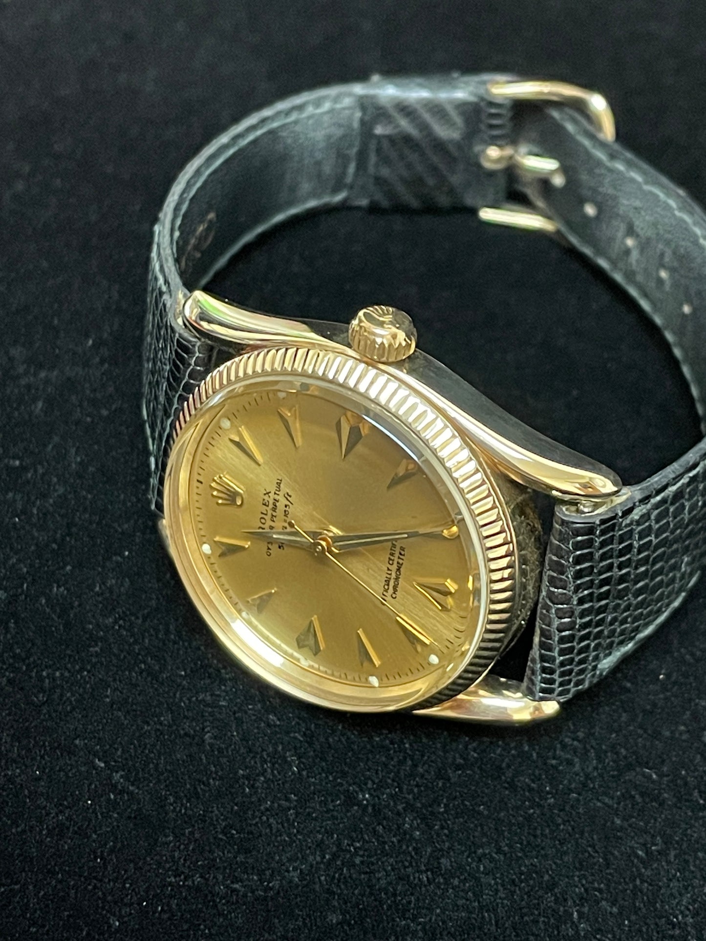 1956 Rolex Oyster Perpetual 6593 Champagne Dial Solid 14kt Leather Strap 34mm