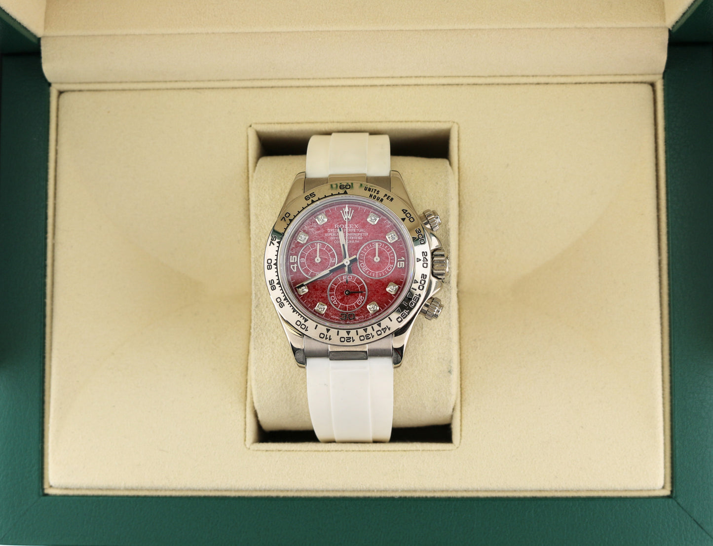 Rolex Daytona 116519 Red Rubellite Diamond Dial White Gold Oyster Flex 40mm