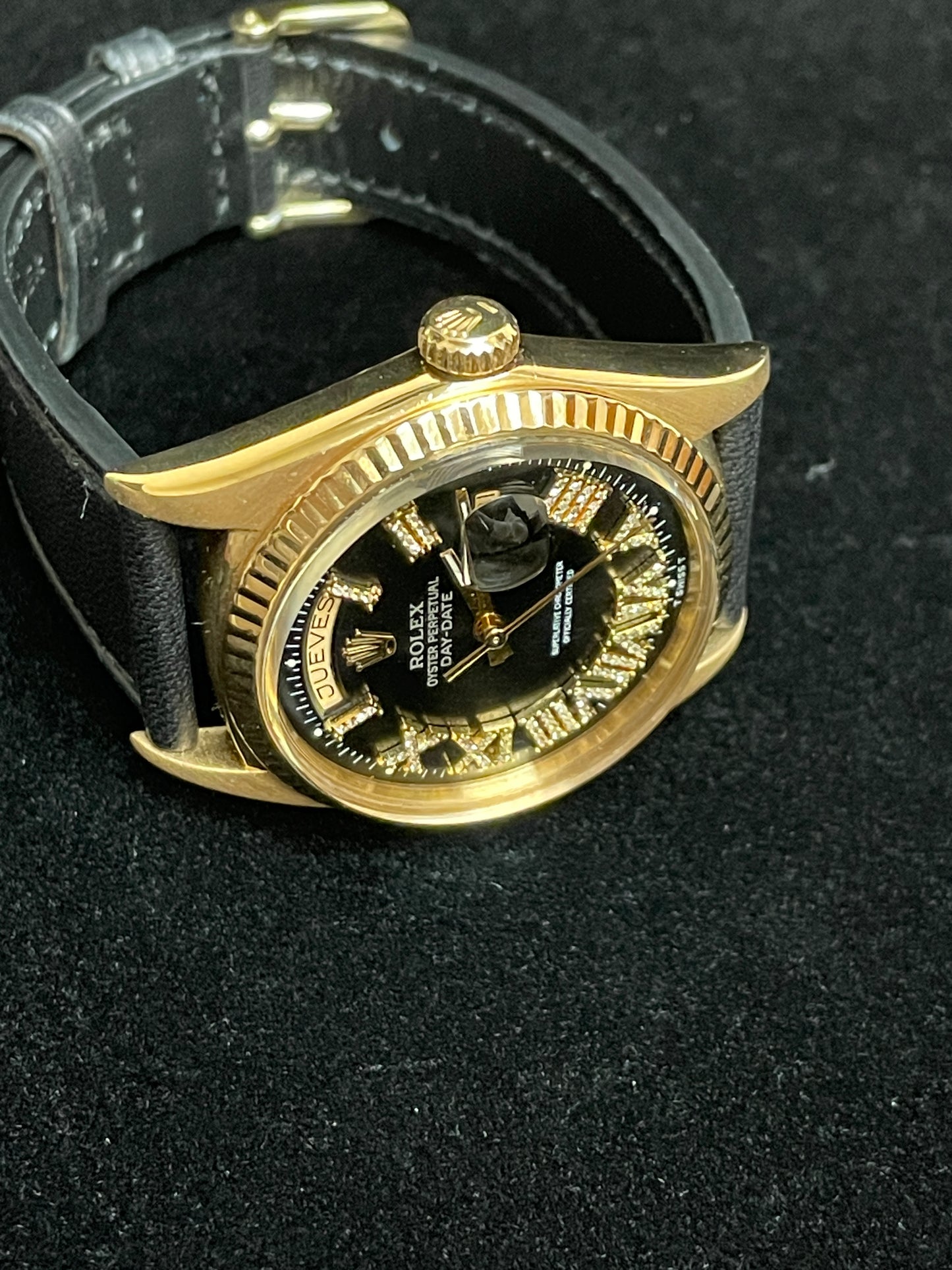 Rolex Day-Date 1803 Black Roman Diamond Dial 18kt Black Leather Strap 36mm