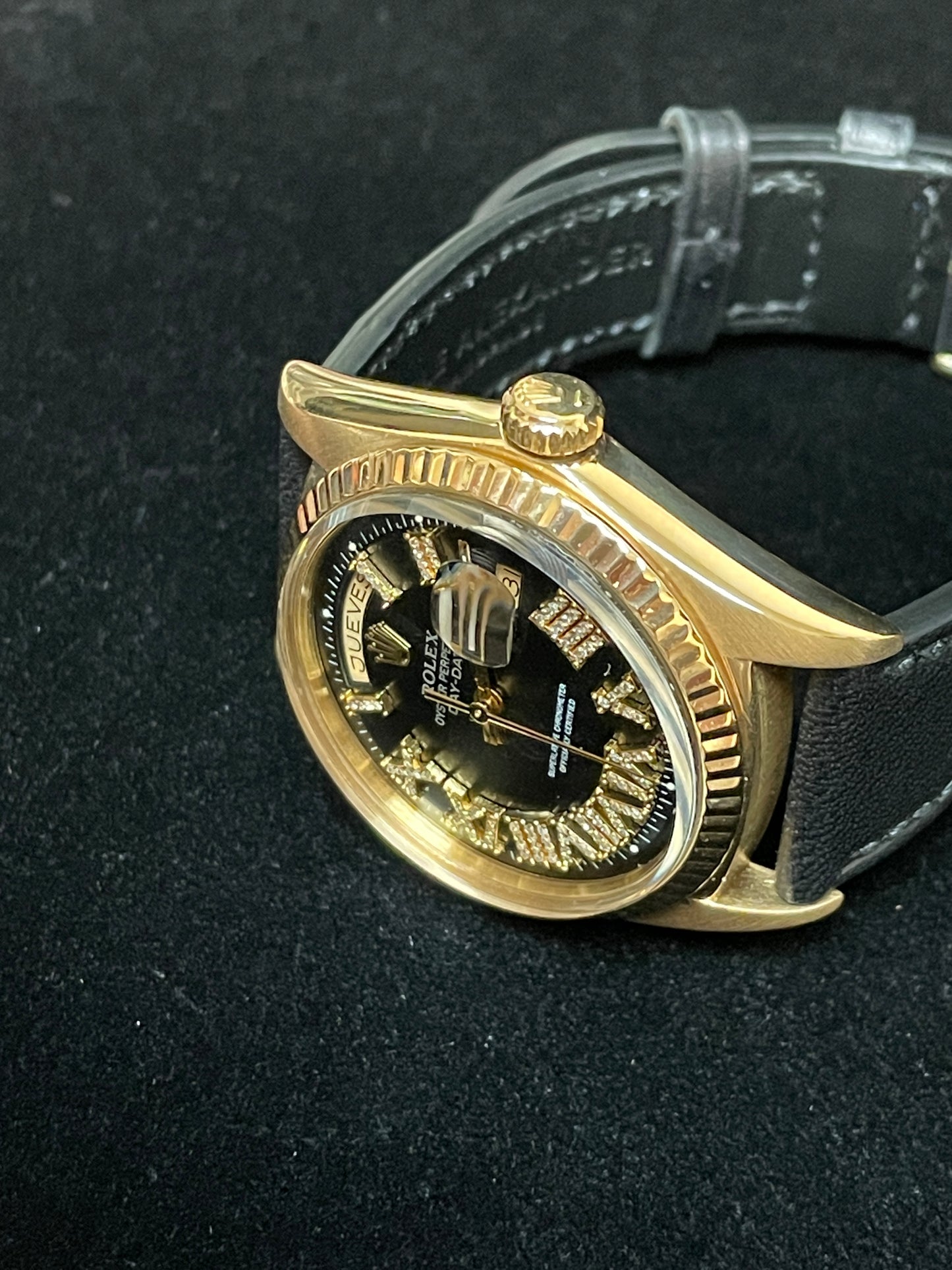 Rolex Day-Date 1803 Black Roman Diamond Dial 18kt Black Leather Strap 36mm