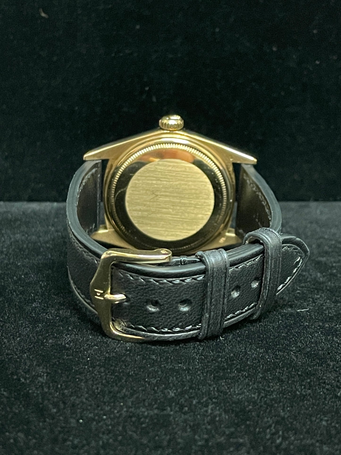 Rolex Day-Date 1803 Black Roman Diamond Dial 18kt Black Leather Strap 36mm