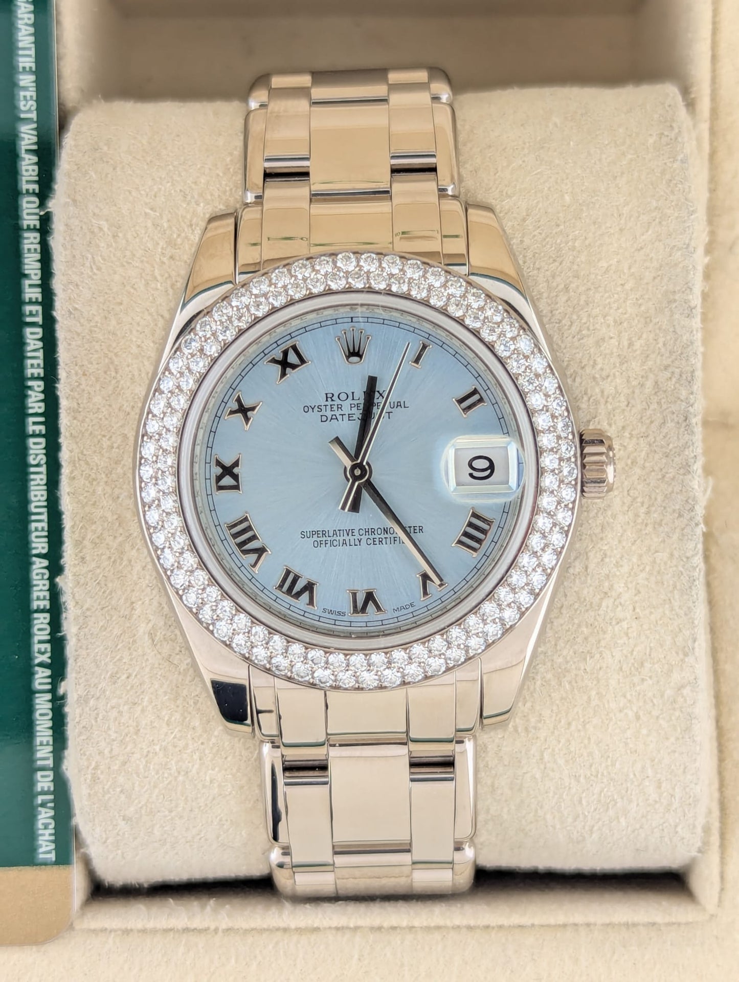 OHA 2009 Rolex Pearlmaster 81339 Blue Roman Two Row Diam Bezel 18kt WG W/ Paper 34mm