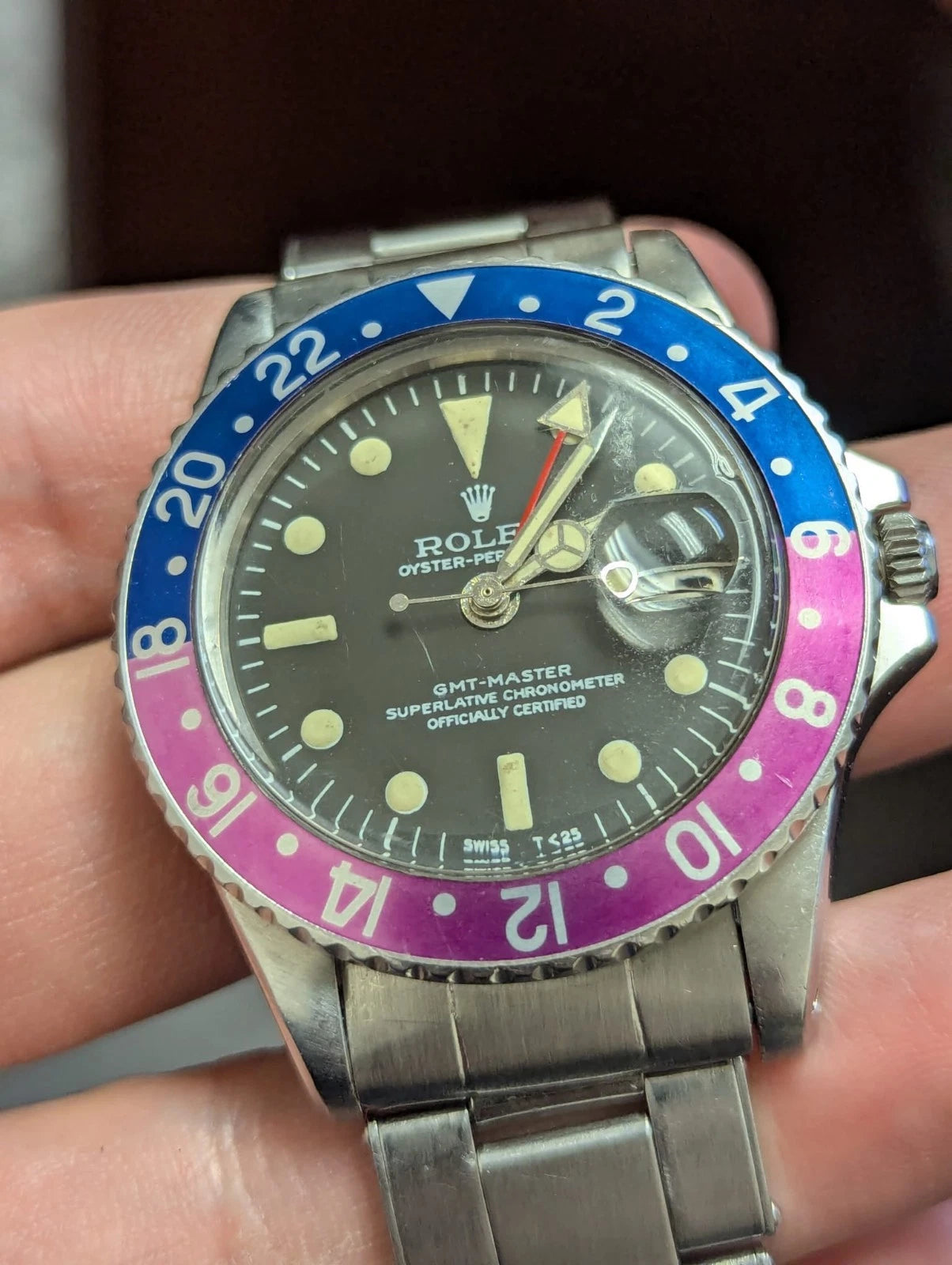 1967 Rolex GMT-Master Fuchsia 1675 Black Dial SS Rivet No Papers 40mm